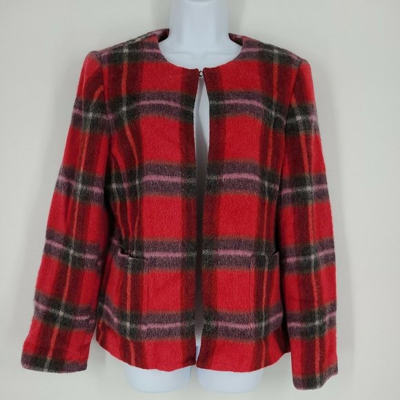 Cross Country Jackets & Blazers - Cross Country Wool Mohair Coat Womens Size 10 Red Plaid Loose Fit Open Cardigan
